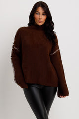 womens knitted long sleeve oversized jumper with contrast stitches