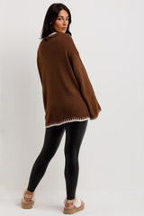 womens oversized knitted jumper with contrast stitches and pockets