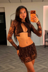 brown 3 piece lace bikini ruffle frilly skort and crop cardigan top summer holiday outfit set styledup