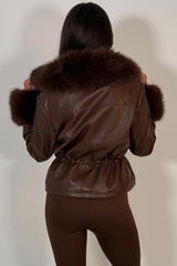 faux fur cuff faux fur collar leather lookjacket with adjustable drawstring waist winter outerwear trendy coats and jackets for womens styledup uk