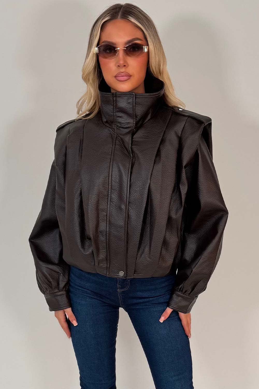 womens funnel neck bomber jacket in faux leather zara uk