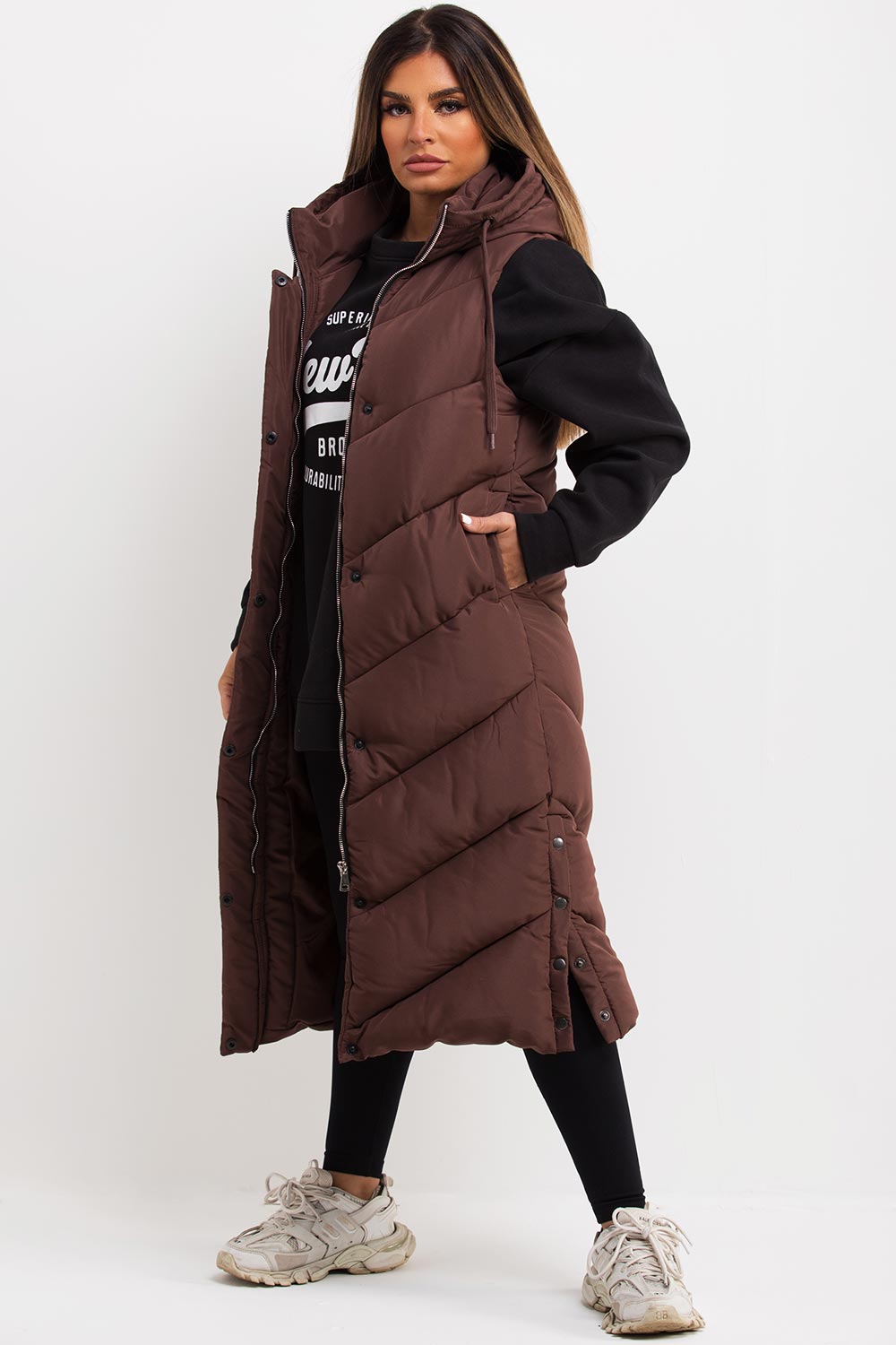 Women's Brown Long Gilet With Chevron Padded Style –