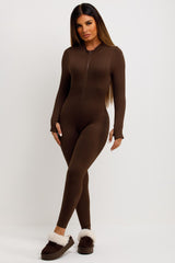 womens ribbed long sleeve jumpsuit with zip front