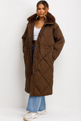 zara womens long winter coat with faux fur collar and drawstring waist 