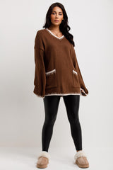 womens v neck oversized knitted jumper with contrast stitches