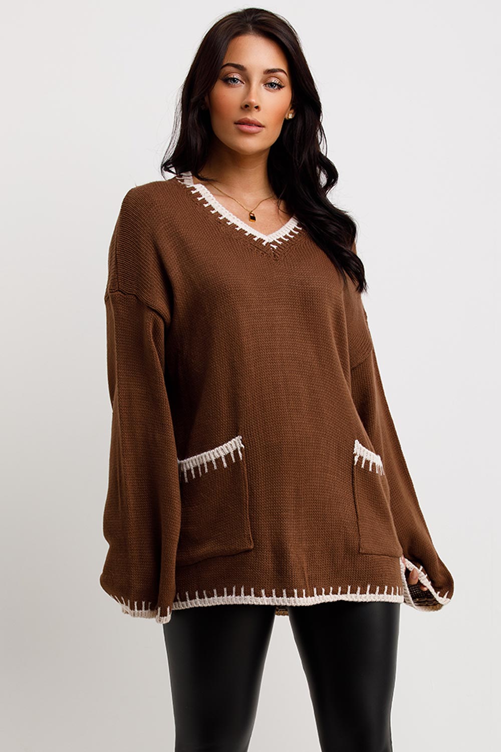 womens contrast stitch oversized knitted jumper