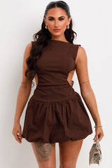 mini puffball dress with cut out back brown