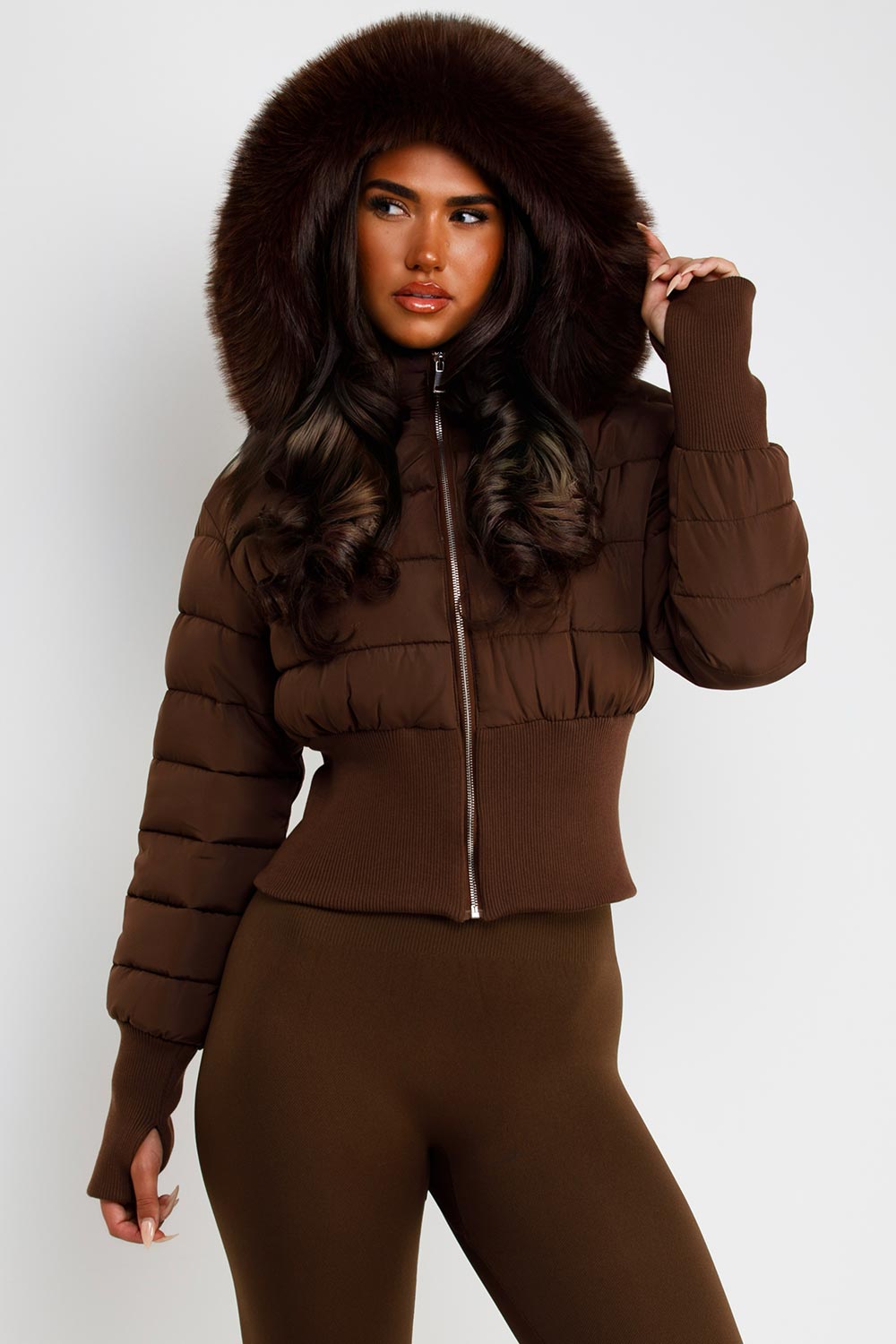 brown faux fur hooded padded puffer jacket styledup uk