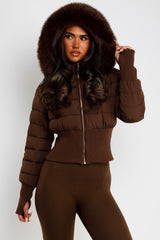 brown faux fur hooded padded puffer jacket styledup uk