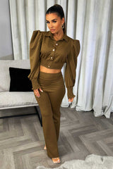 puff sleeve gold button blouse and trousers co ord set