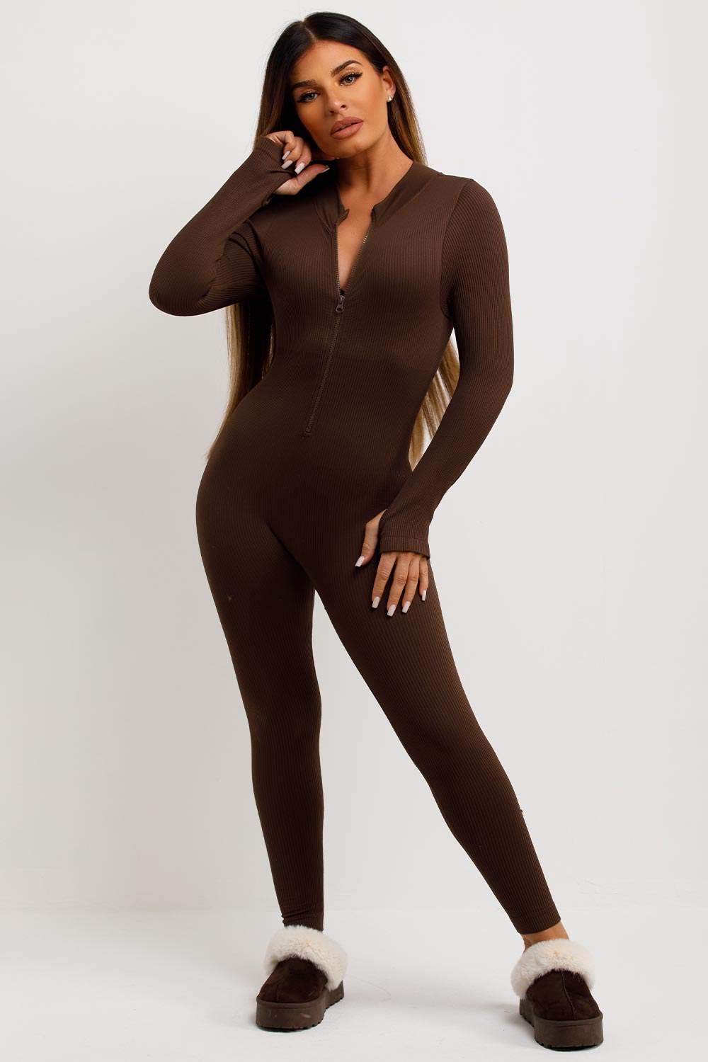 brown ribbed long sleeve jumpsuit with zip front structured contour unitard