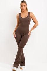 womens brown booty lifting skinny flare leg jumpsuit unitard