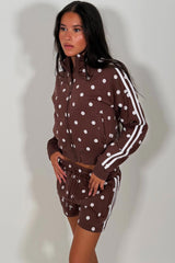 womens brown airport outfit short tracksuit in trendy polka dot print styledup uk