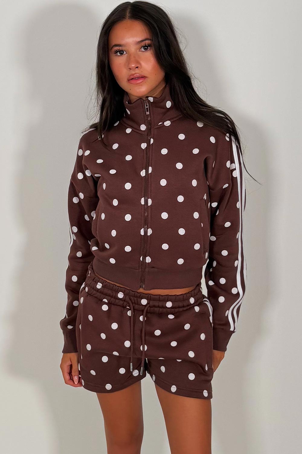 brown short tracksuit polka dot print styledup uk