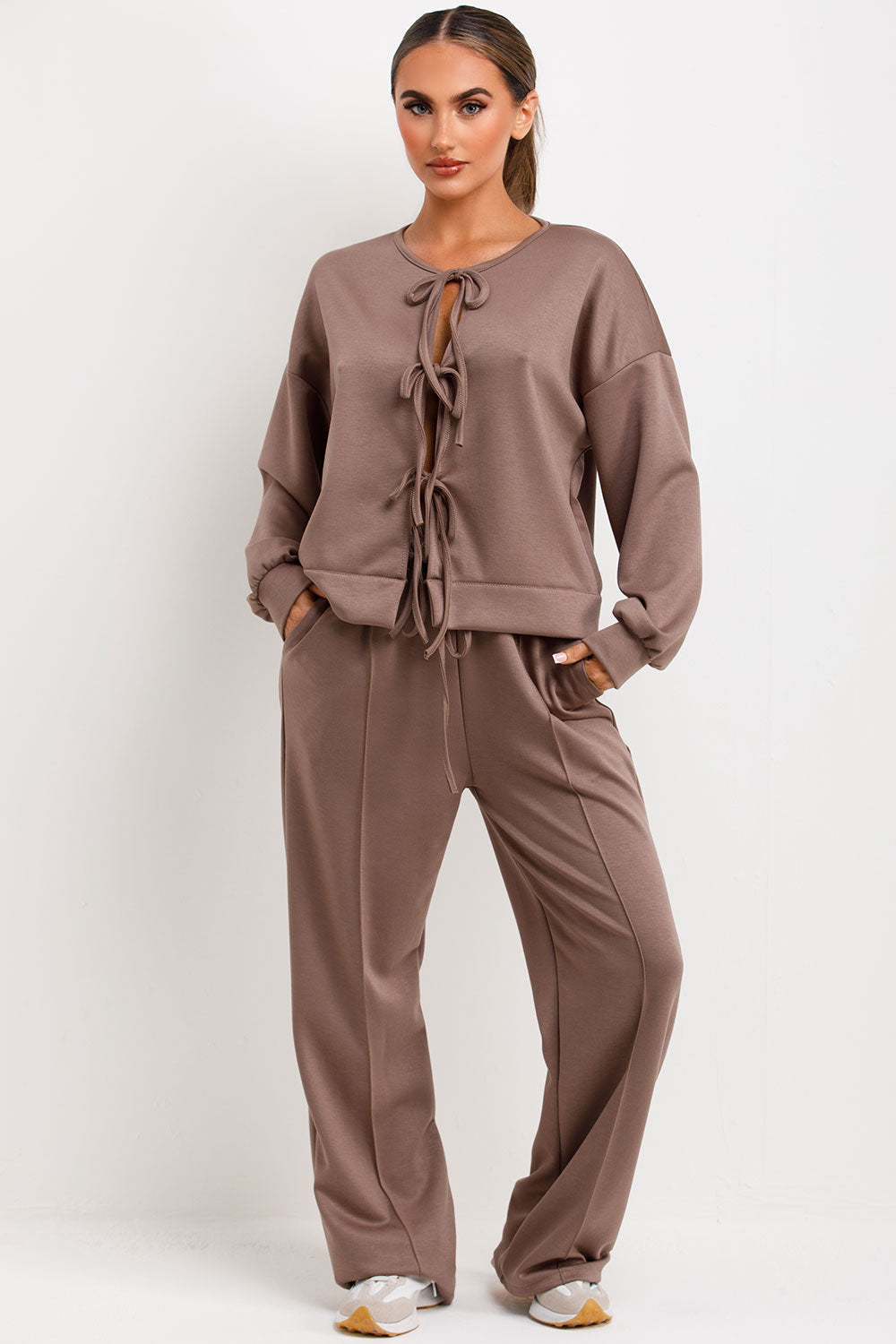 tie front long sleeve loungewear set womens matching outfit