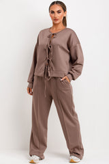 long sleeve tie front sweatshirt and trousers loungewear co ord set styledup