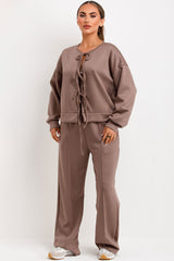 tie front long sleeve sweatshirt and trousers loungewear co ord set