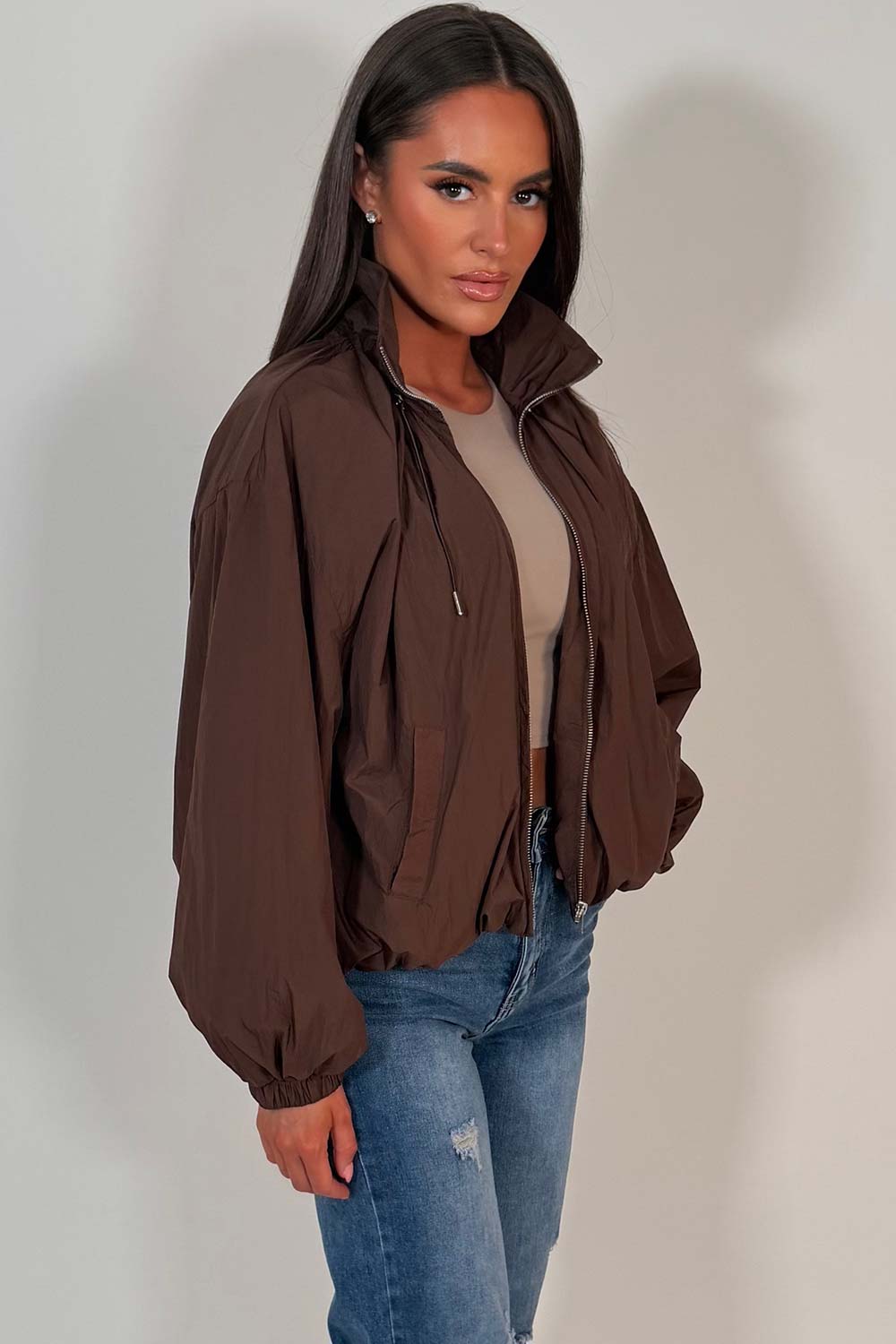 womens long sleeve funnel neck brown windbreaker jacket styledup uk