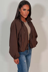 womens long sleeve funnel neck brown windbreaker jacket styledup uk