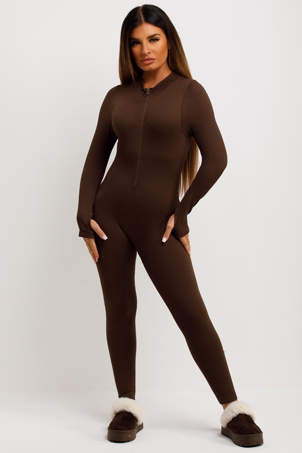 ribbed long sleeve jumpsuit unitard structured contoured