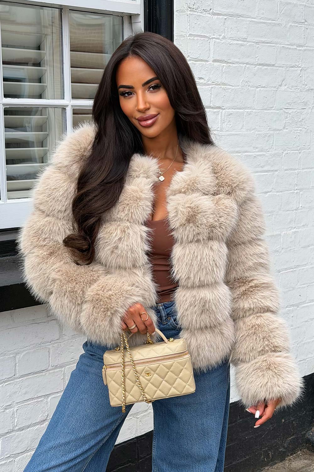 faux fur bubble coat cropped beige styledup