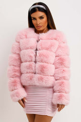 faux fur bubble coat cropped pink