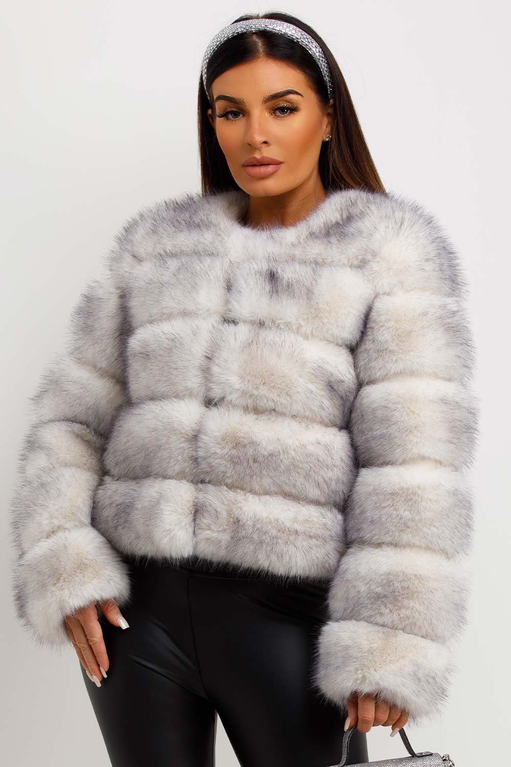 womens fur panelled crop coat white