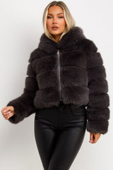 womens faux fur coat with hood big fur panels