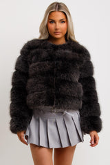 womens charcoal grey faux fur bubble jacket uk