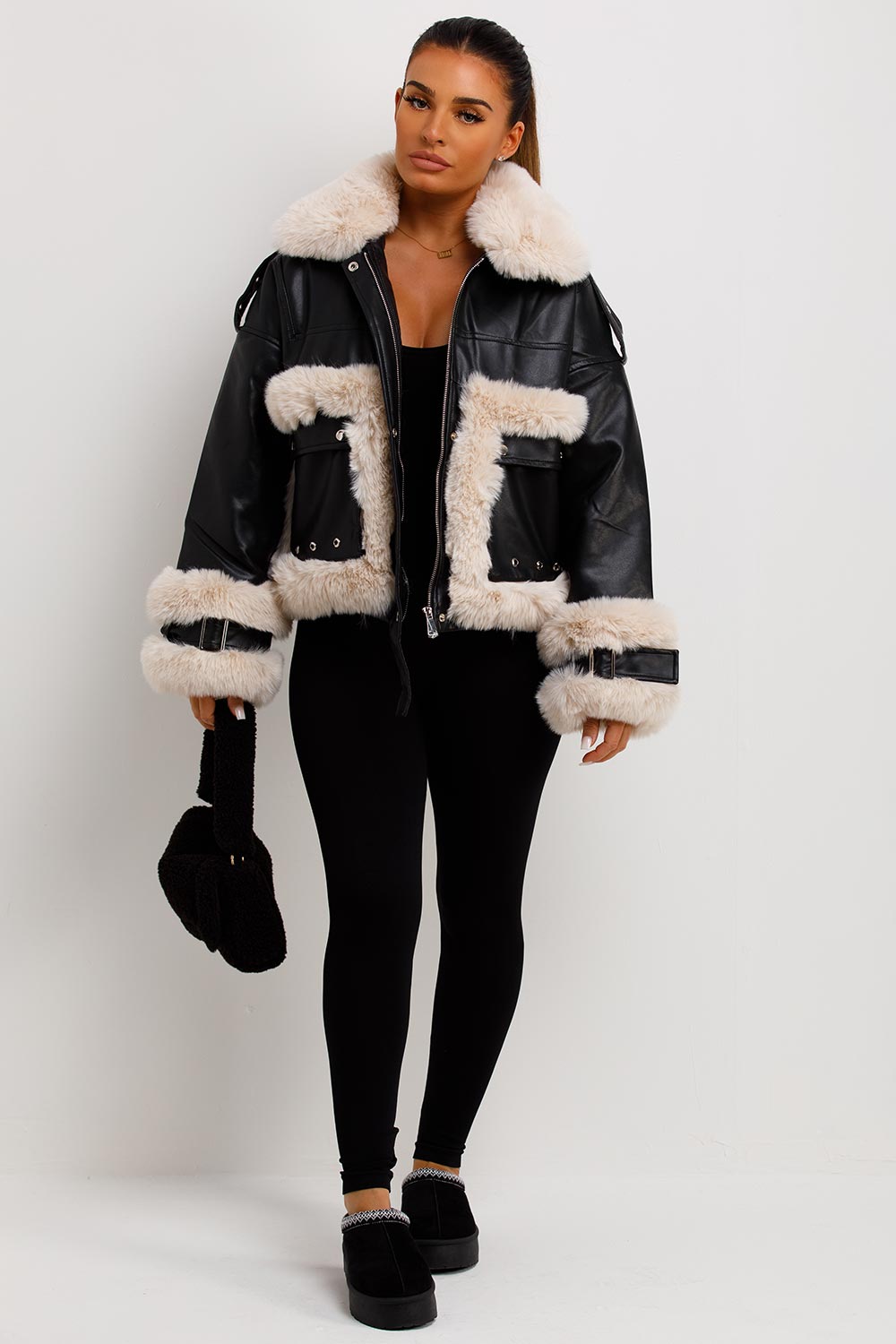 womens faux leather faux fur aviator jacket