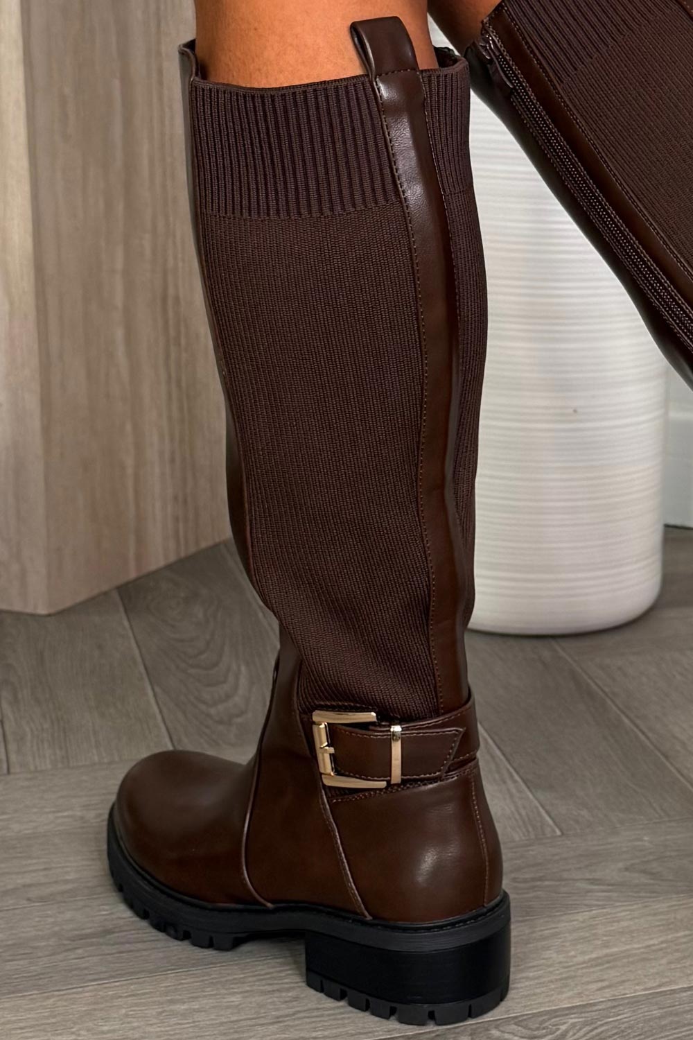 womens brown faux leather knee high Chelsea boots zara uk