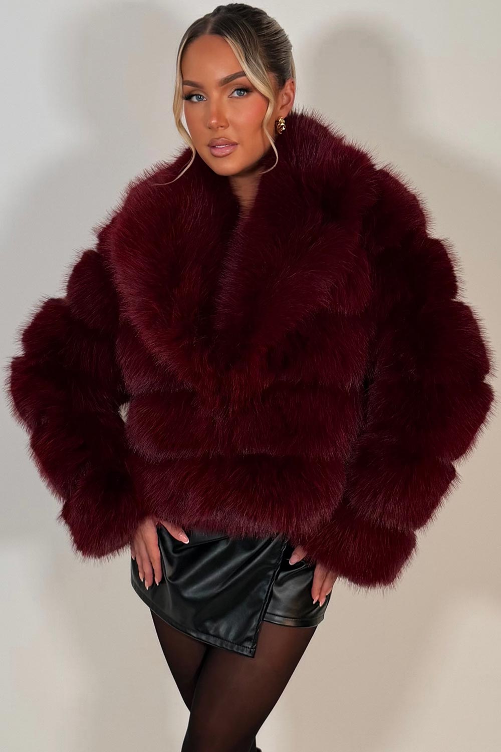 womens winter faux fur panelled jacket burgundy