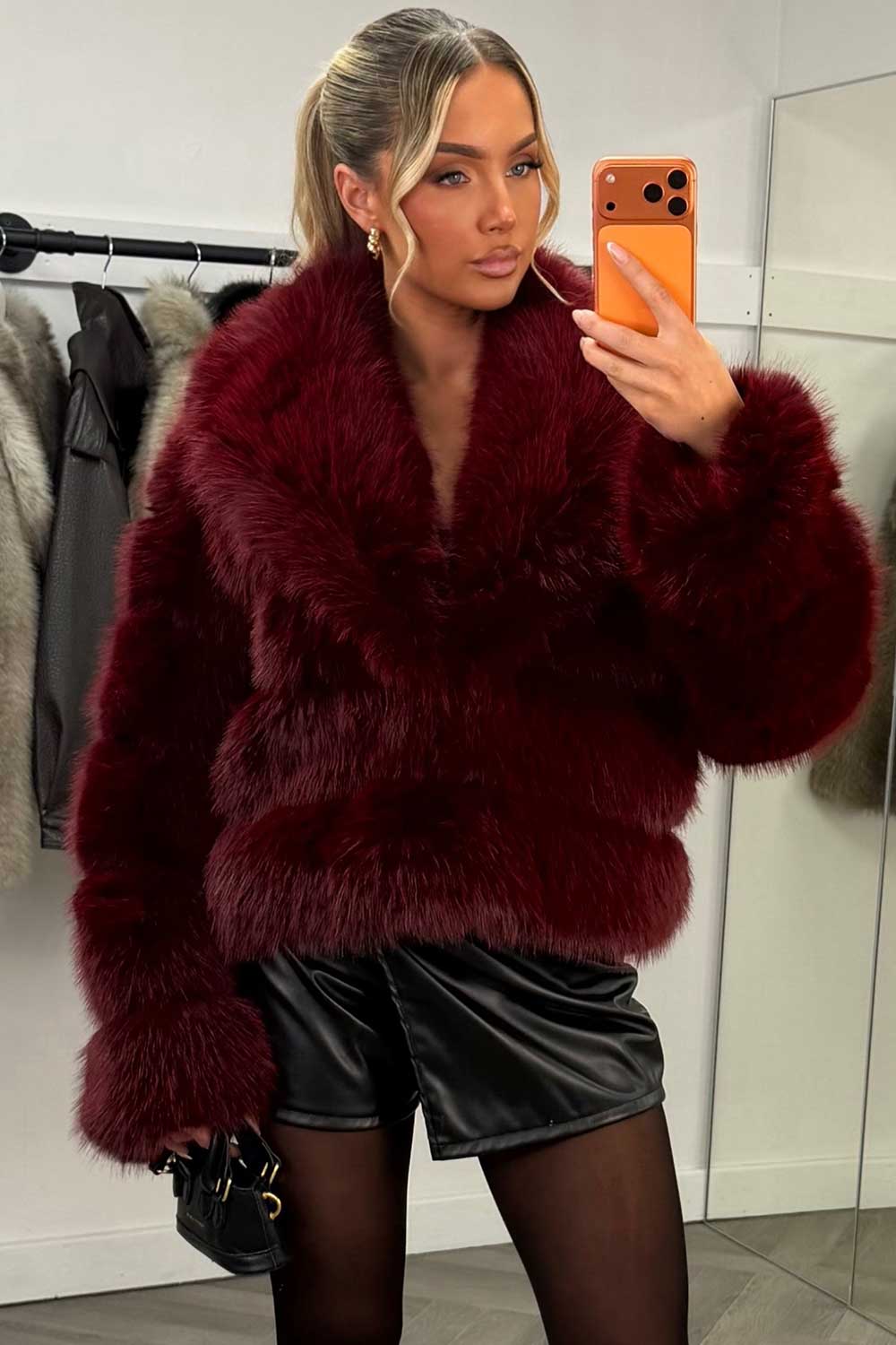 womens real fur coat burgundy uk