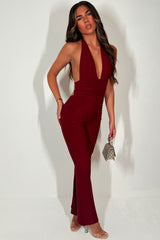 burgundy christmas party jumpsuit with halterneck backless going out weekend outfit