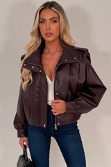 womens burgundy leather look bomber jacket premium quality 