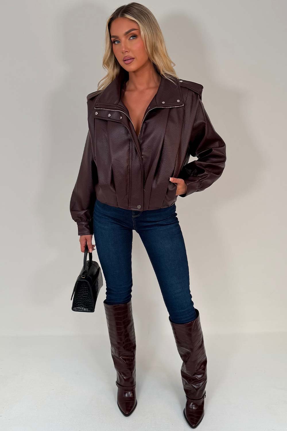 pleated detail shoulder tab faux leather bomber jacket funnel neck for womens winter outerwear uk styledup