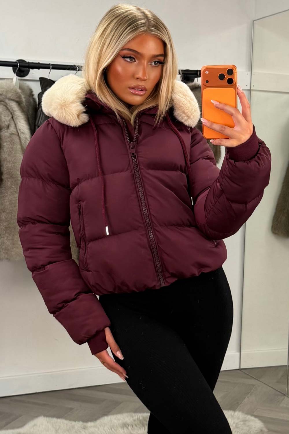 womens puffer padded jacket with fur hood for winter uk