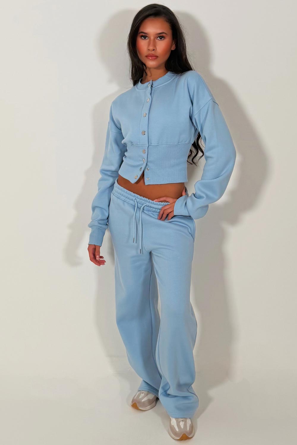button up crop sweatshirt and wide leg joggers two piece loungewear co ord set womens styledup