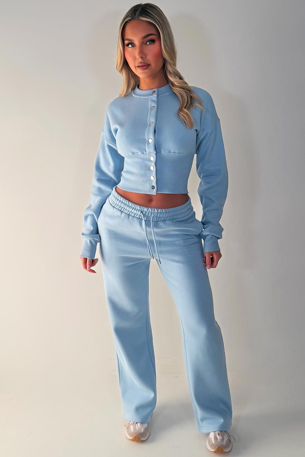 button up crop sweatshirt and wide leg joggers two piece loungewear co ord set womens styledup