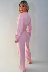 womens crop compress waist button up sweatshirt and wide leg jogger two piece tracksuit set loungewear co ord 