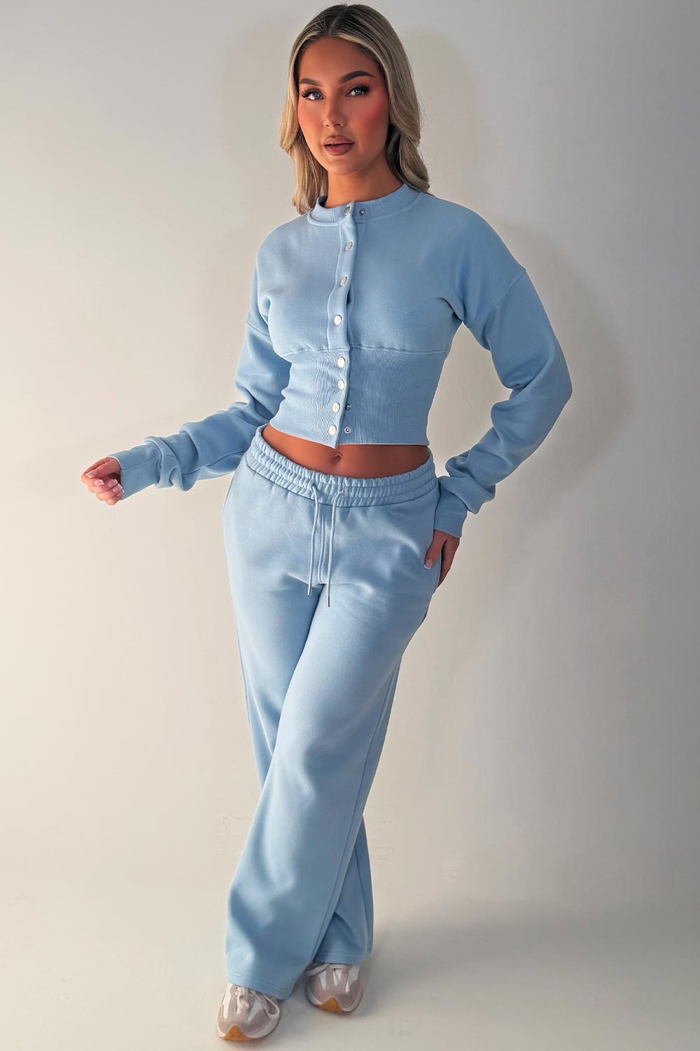 womens pink crop compress waist button up sweatshirt and wide leg jogger two piece tracksuit set loungewear co ord 