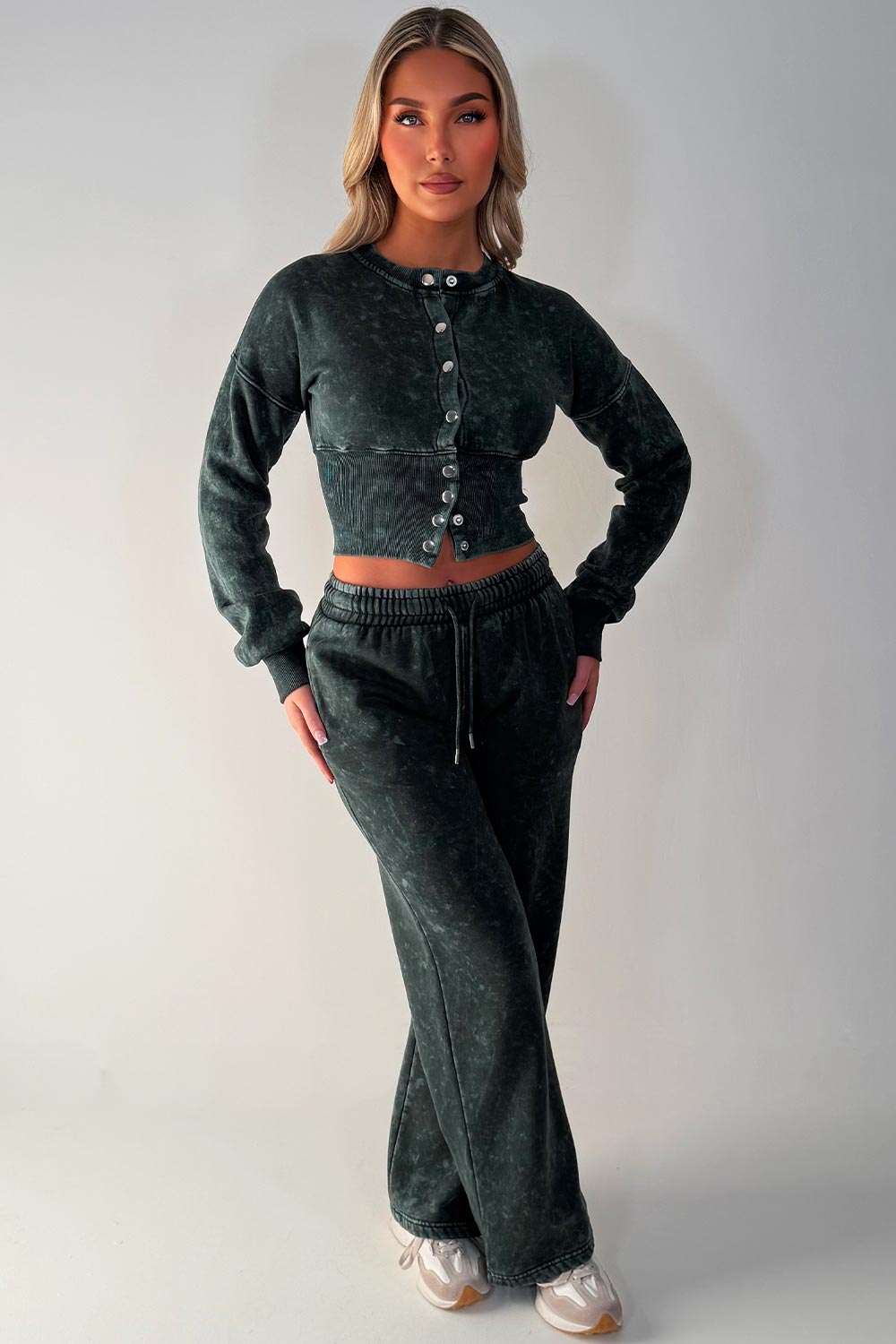 womens button up waist compression tracksuit acid wash tiktok styledup