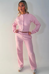 womens crop compress waist button up sweatshirt and wide leg jogger two piece tracksuit set loungewear pink co ord 