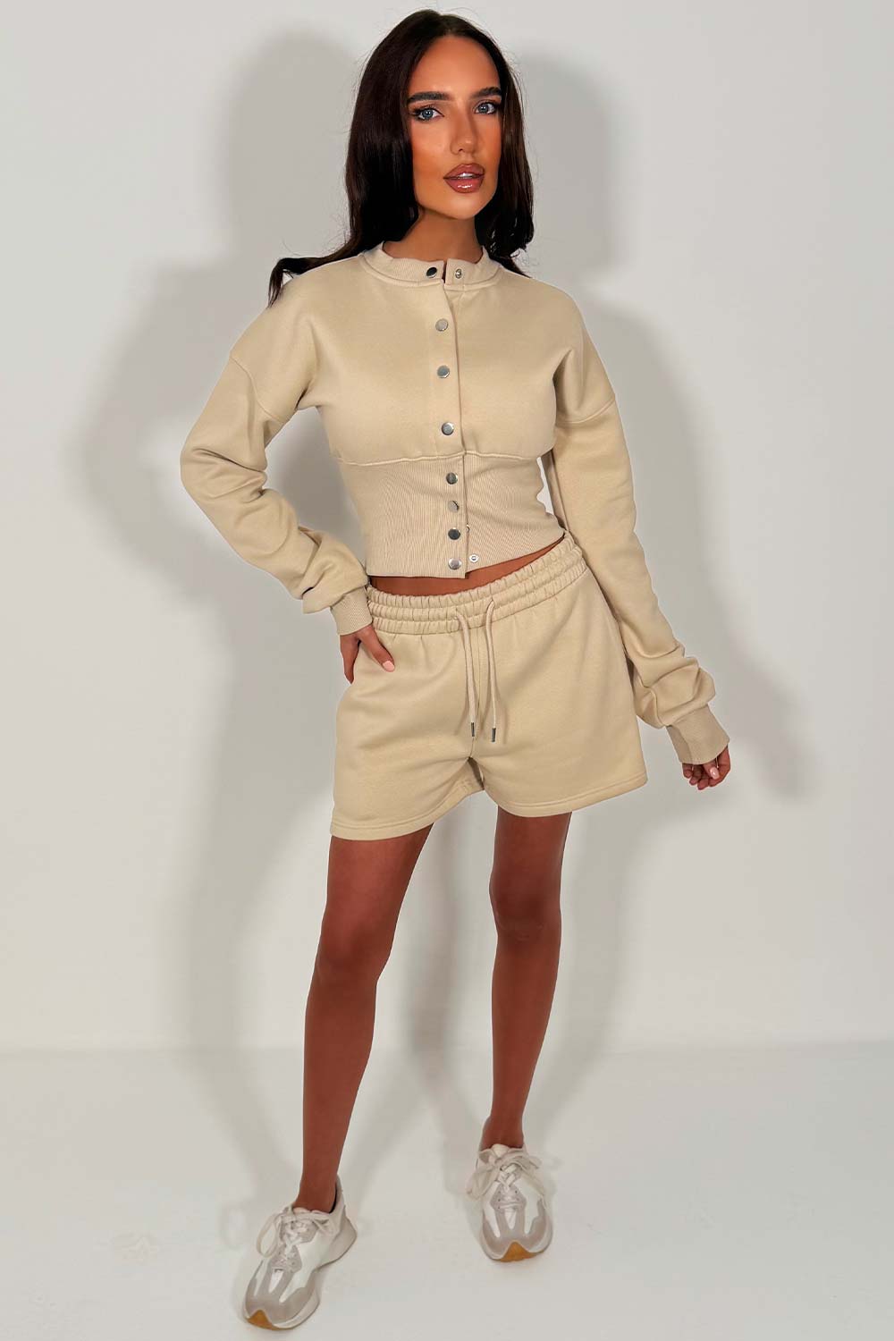 button up compress waist cinched crop corset crop sweatshirt and shorts tracksuit airport outfit co ord whitefox uk