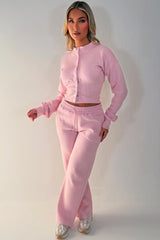 womens pink crop compress waist button up sweatshirt and wide leg jogger two piece tracksuit set loungewear co ord 