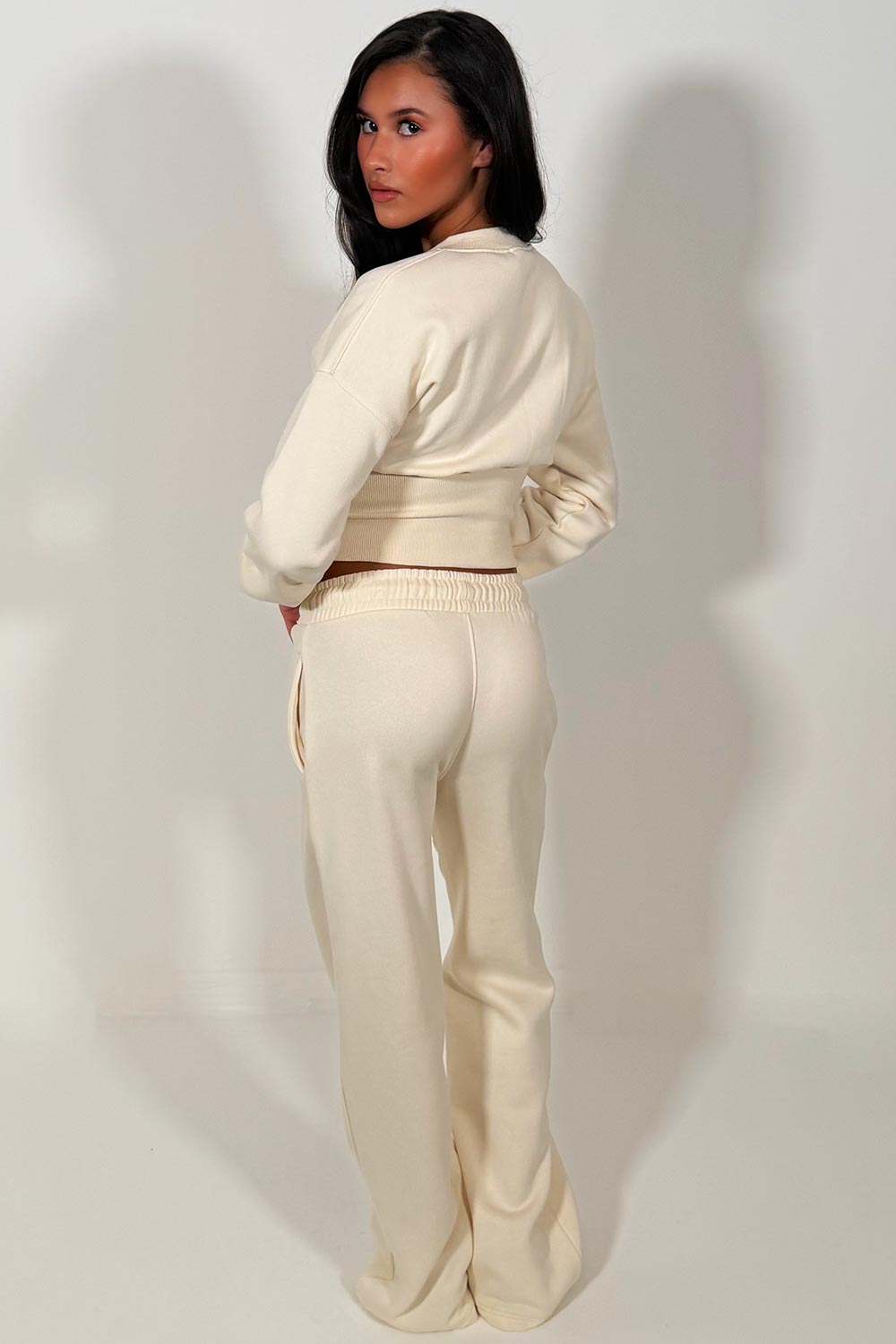 womens button up waist compress crop sweatshirt and joggers loungewear co ord cream set styledup casual comfy airport outfit set