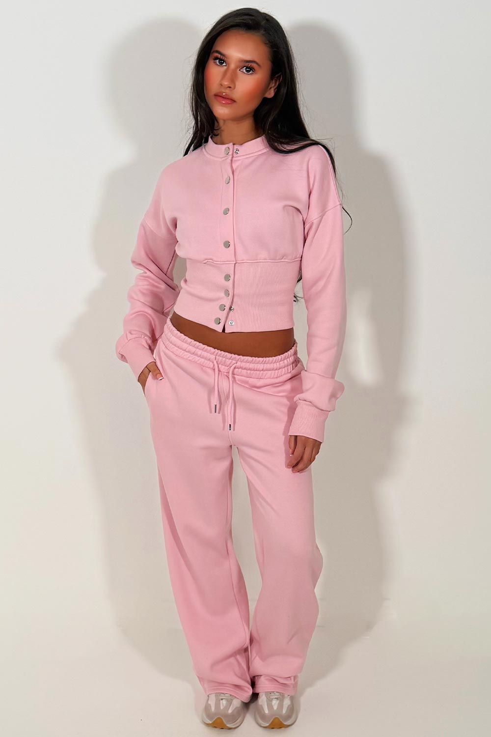 womens button up crop tracksuit baby pink two piece co ord tiktok styledup
