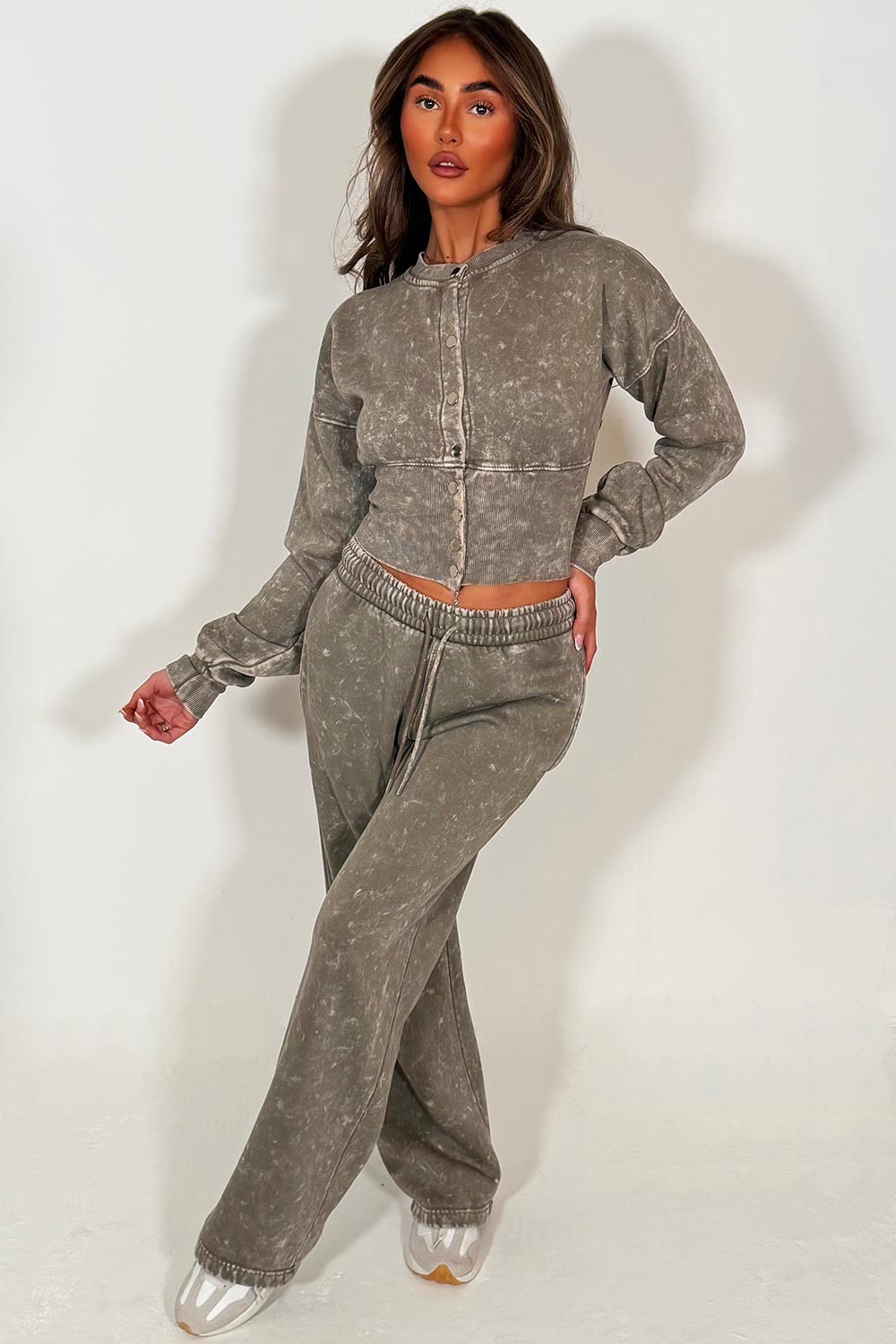 crop compress waist button up sweatshirt and wide leg jogger acid wash tracksuit set loungewear co ord 
