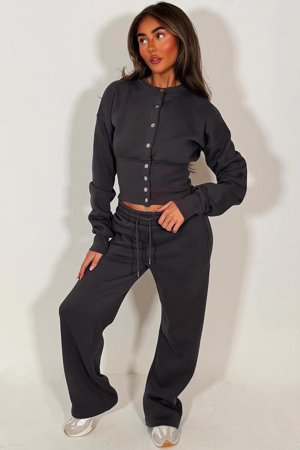 womens button up compress waist crop tracksuit styledup airport outfit travelling clothes charcoal grey styledup 
