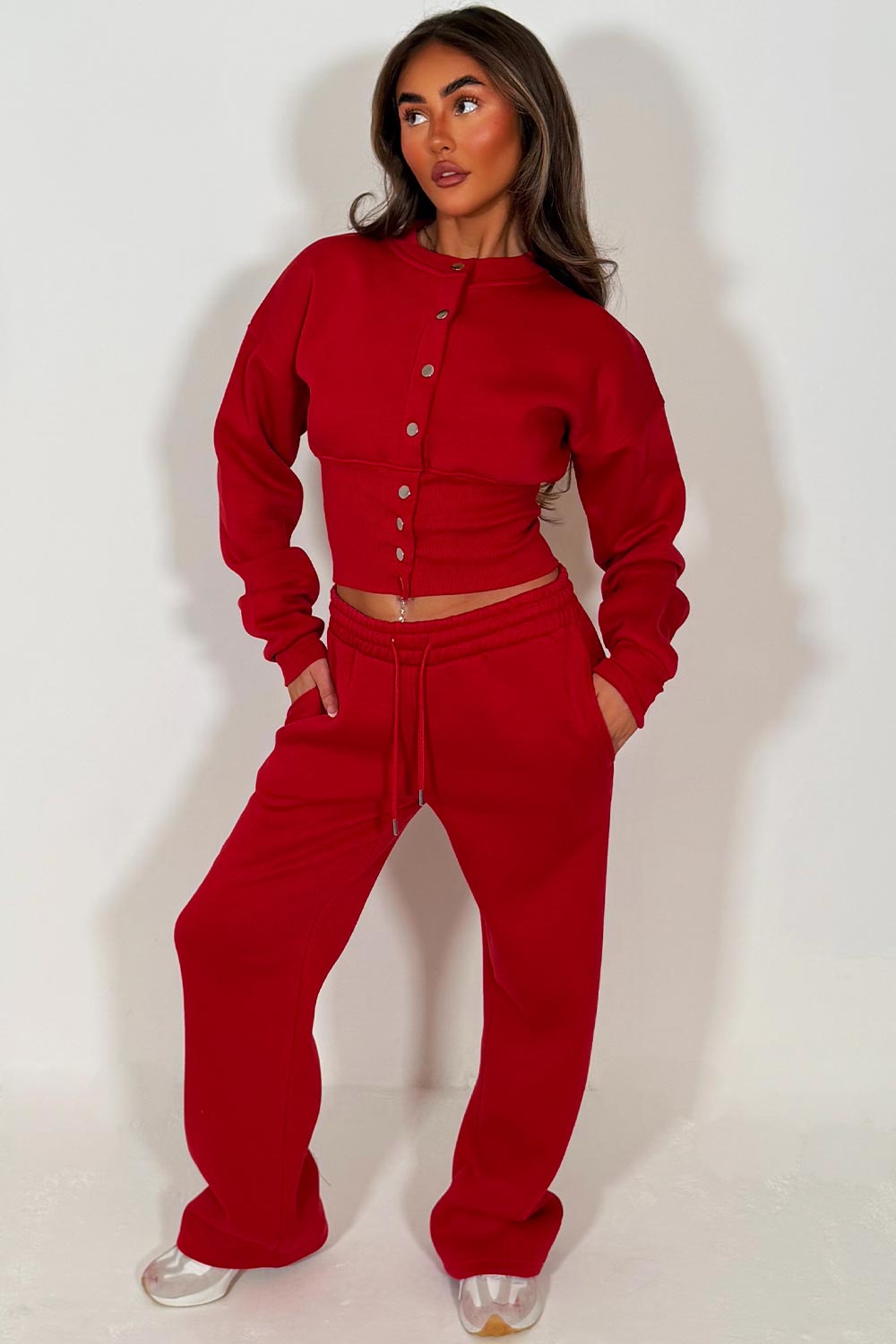 button up crop sweatshirt and wide leg joggers two piece loungewear co ord red set womens styledup